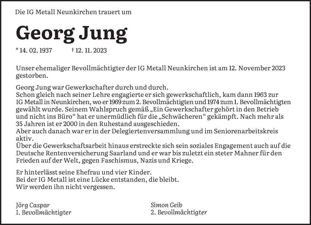  Traueranzeige für Georg Jung vom 18.11.2023 aus saarbruecker_zeitung