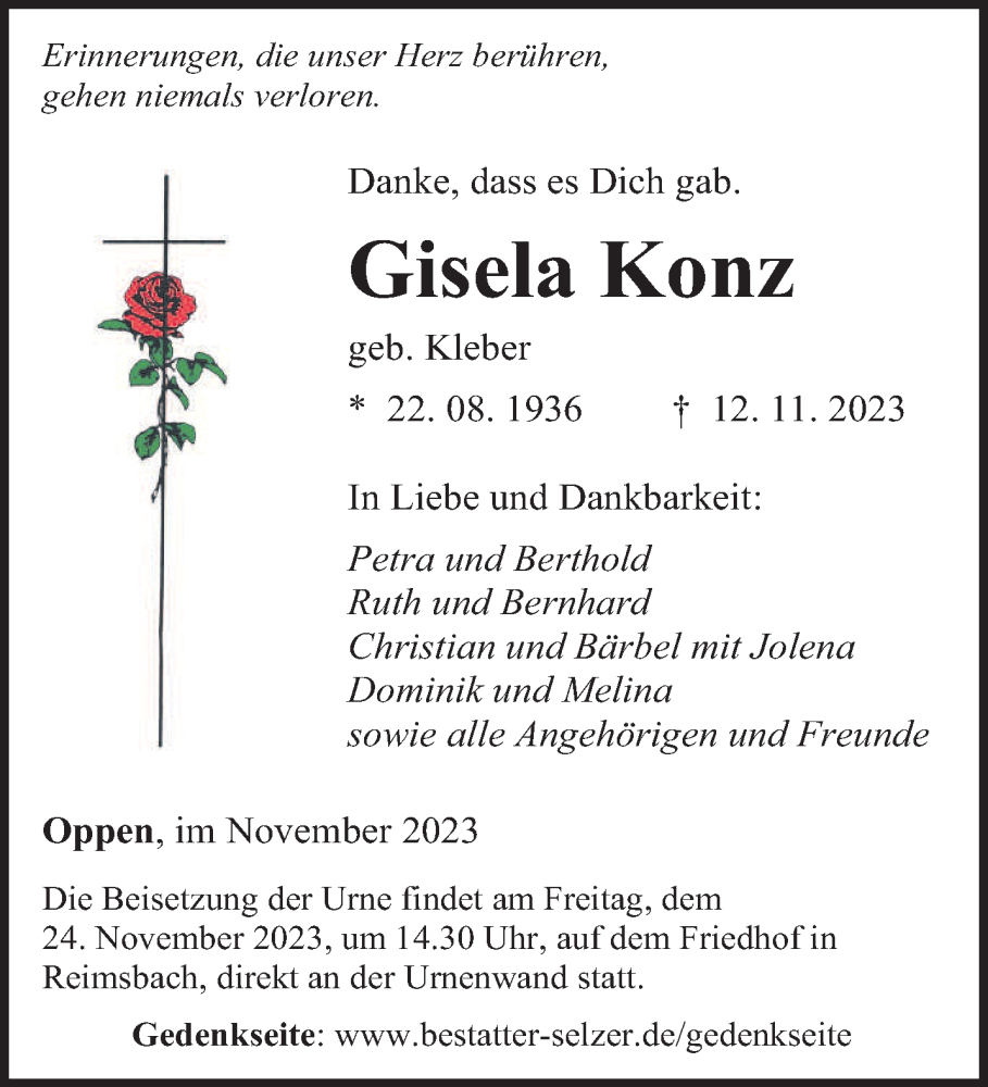  Traueranzeige für Gisela Konz vom 18.11.2023 aus saarbruecker_zeitung