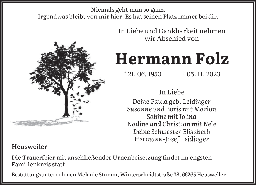  Traueranzeige für Hermann Folz vom 18.11.2023 aus saarbruecker_zeitung
