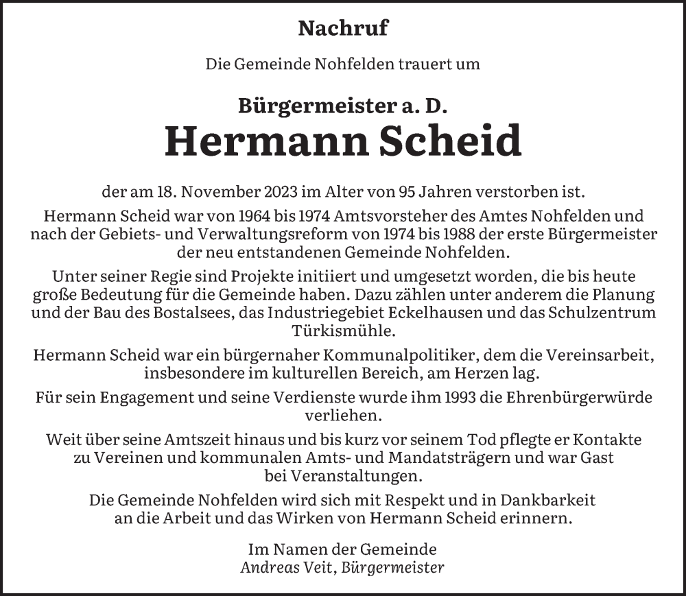  Traueranzeige für Hermann Scheid vom 22.11.2023 aus saarbruecker_zeitung