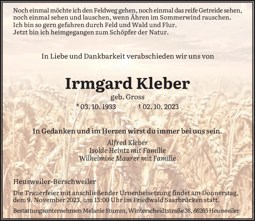  Traueranzeige für Irmgard Kleber vom 04.11.2023 aus saarbruecker_zeitung