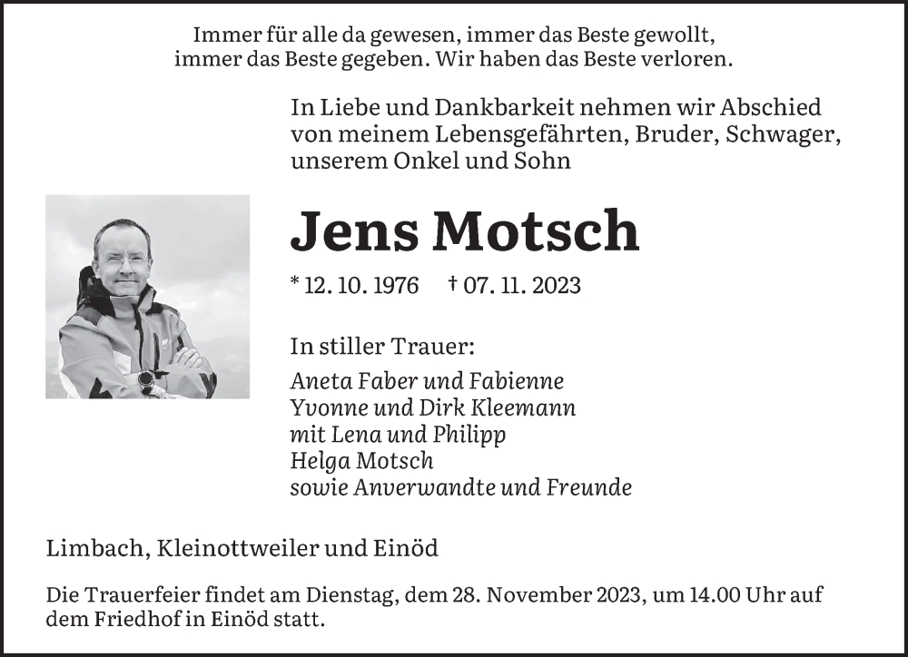  Traueranzeige für Jens Motsch vom 23.11.2023 aus saarbruecker_zeitung
