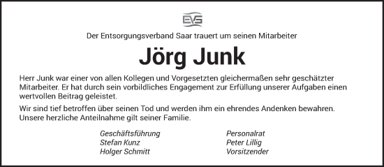 Traueranzeige von Jörg Junk von saarbruecker_zeitung