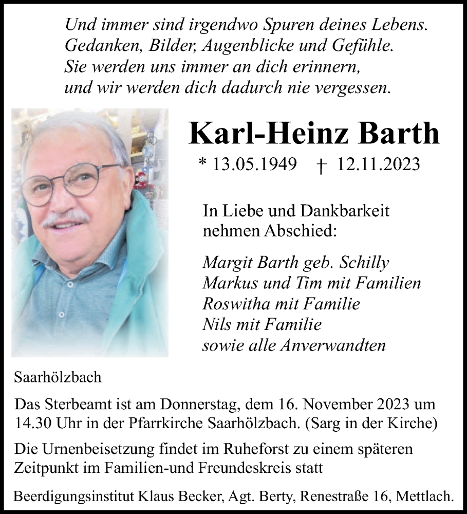  Traueranzeige für Karl-Heinz Barth vom 14.11.2023 aus saarbruecker_zeitung