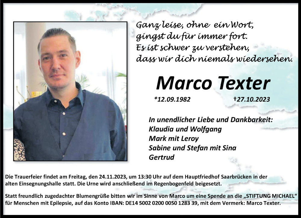  Traueranzeige für Marco Texter vom 18.11.2023 aus saarbruecker_zeitung