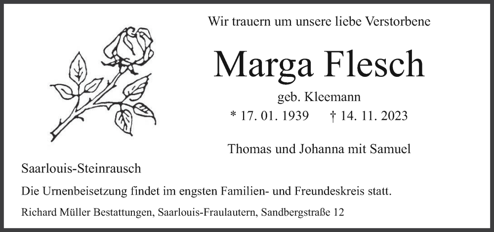  Traueranzeige für Marga Flesch vom 18.11.2023 aus saarbruecker_zeitung