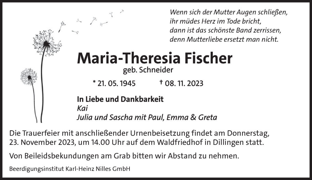  Traueranzeige für Maria-Theresia Fischer vom 18.11.2023 aus saarbruecker_zeitung
