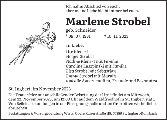 Traueranzeige von Marlene Strobel von saarbruecker_zeitung