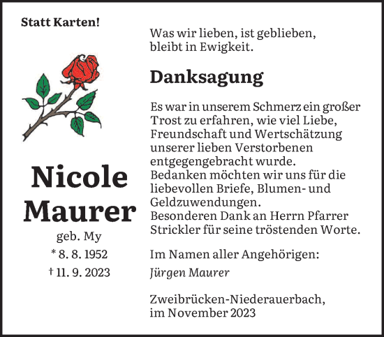 Traueranzeige von Nicole Maurer von saarbruecker_zeitung