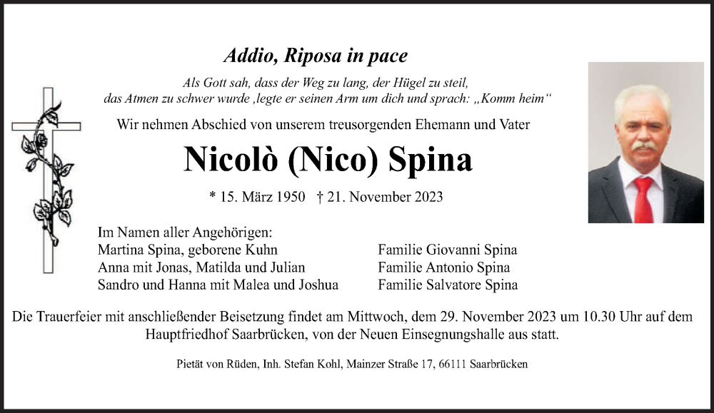  Traueranzeige für Nicolò Spina vom 25.11.2023 aus saarbruecker_zeitung