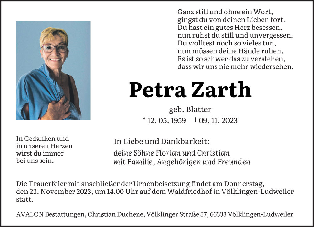  Traueranzeige für Petra Zarth vom 18.11.2023 aus saarbruecker_zeitung