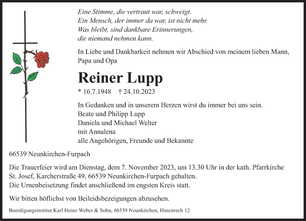  Traueranzeige für Reiner Lupp vom 04.11.2023 aus saarbruecker_zeitung