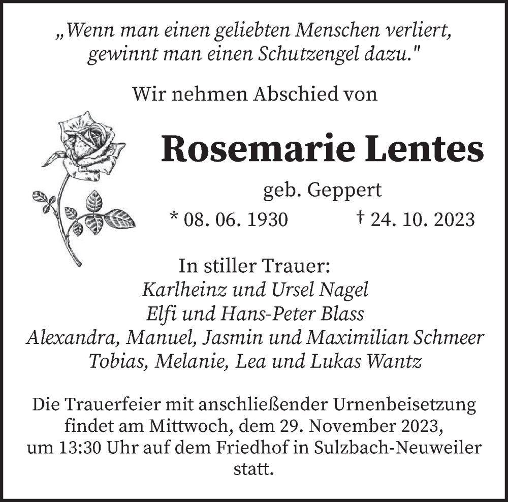  Traueranzeige für Rosemarie Lentes vom 25.11.2023 aus saarbruecker_zeitung