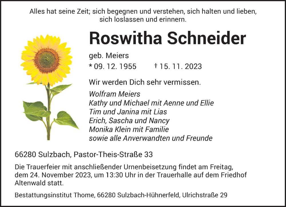  Traueranzeige für Roswitha Schneider vom 18.11.2023 aus saarbruecker_zeitung
