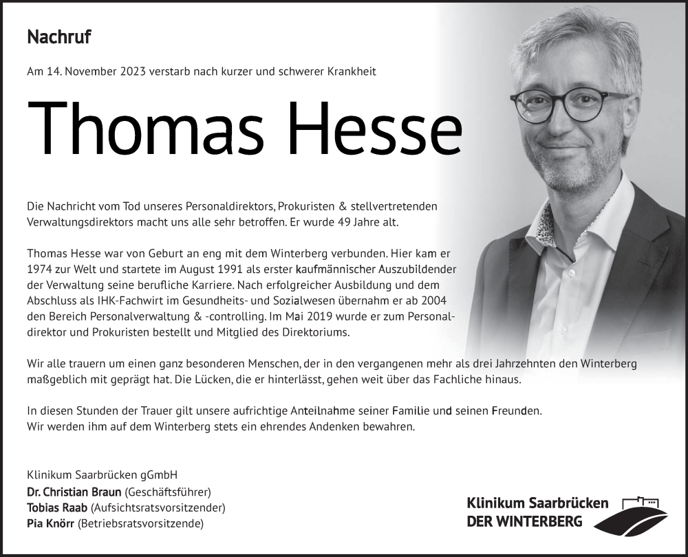  Traueranzeige für Thomas Hesse vom 18.11.2023 aus saarbruecker_zeitung