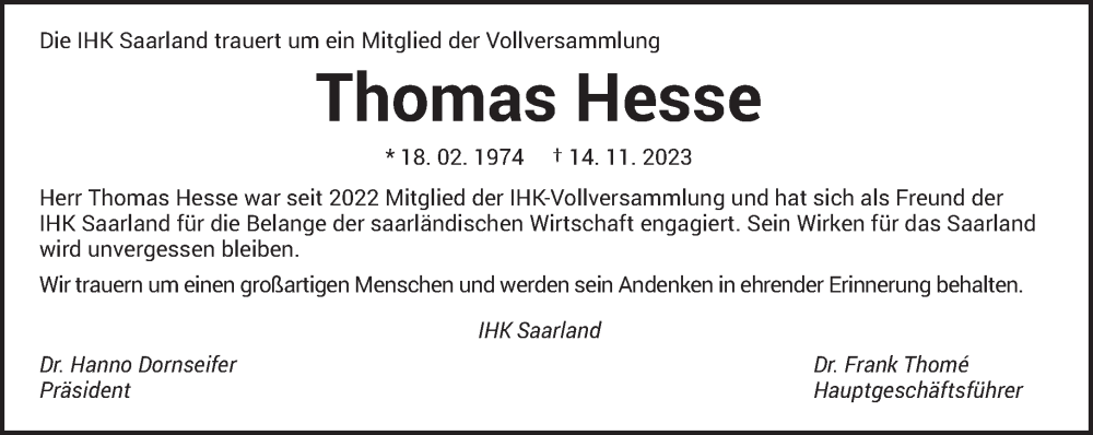 Traueranzeige für Thomas Hesse vom 18.11.2023 aus saarbruecker_zeitung