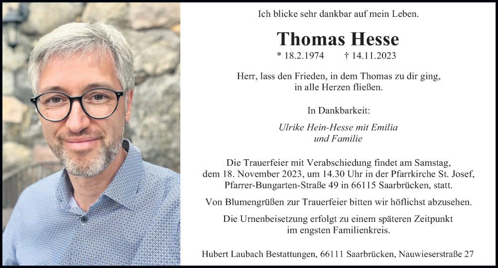  Traueranzeige für Thomas Hesse vom 16.11.2023 aus saarbruecker_zeitung