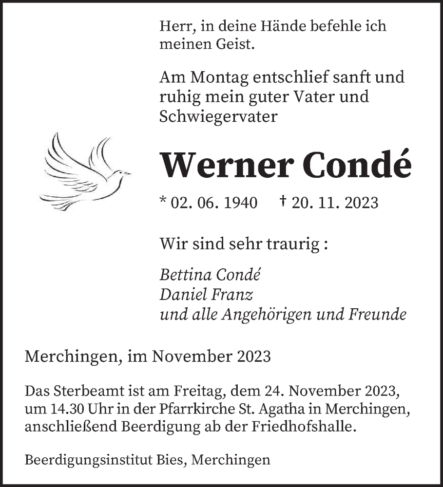  Traueranzeige für Werner Condé vom 23.11.2023 aus saarbruecker_zeitung