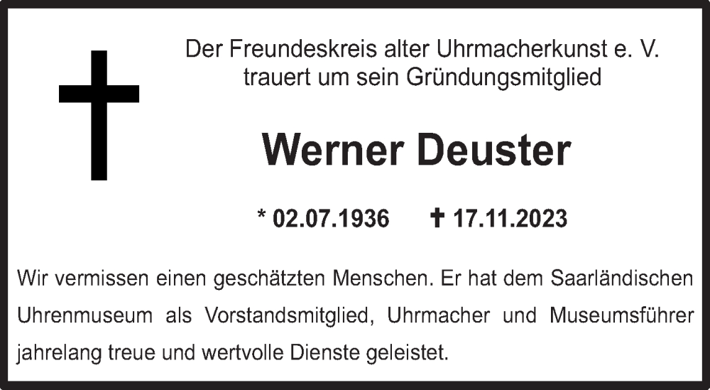  Traueranzeige für Werner Deuster vom 25.11.2023 aus saarbruecker_zeitung
