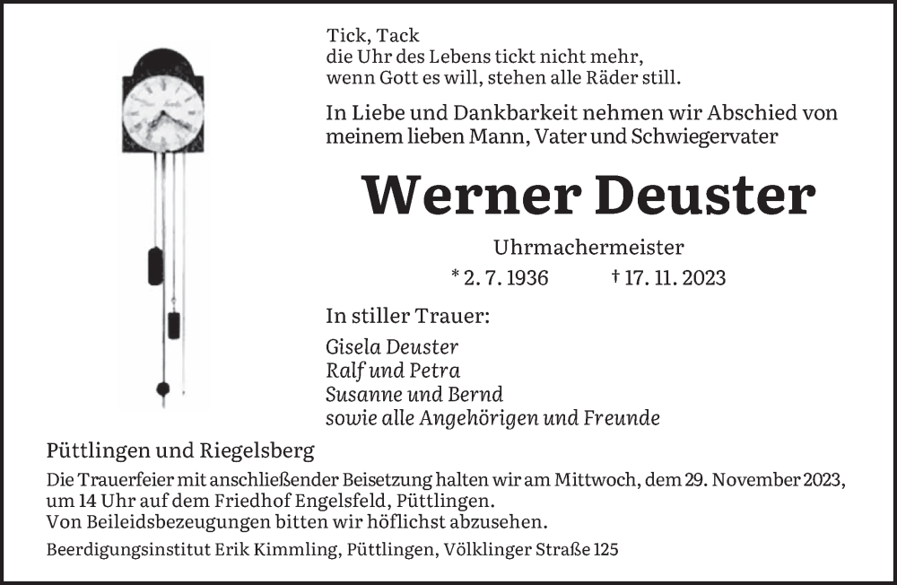  Traueranzeige für Werner Deuster vom 25.11.2023 aus saarbruecker_zeitung