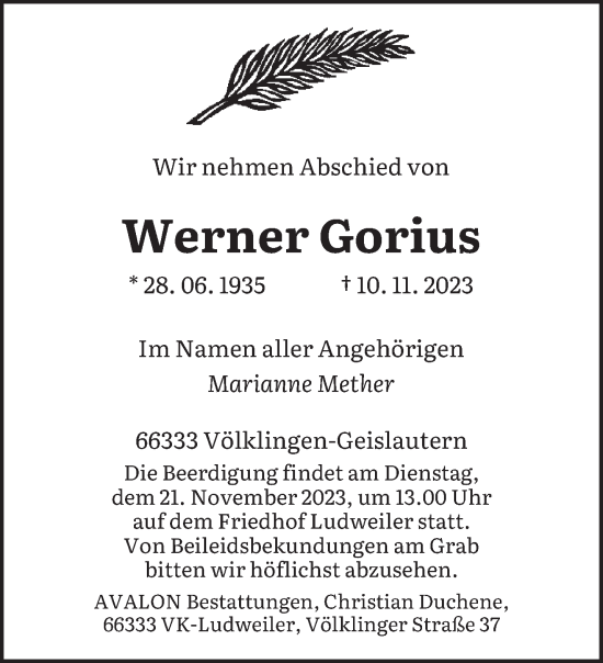 Traueranzeige von Werner Gorius von saarbruecker_zeitung