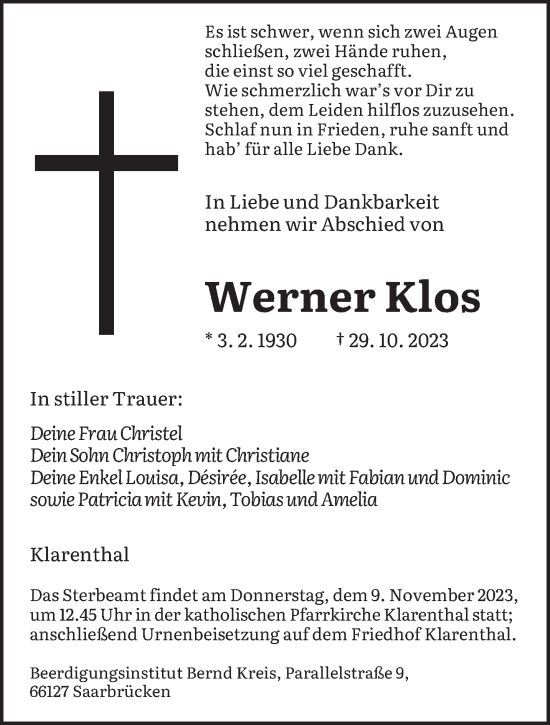 Traueranzeige von Werner Klos von saarbruecker_zeitung