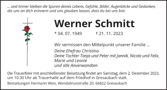 Traueranzeige von Werner Schmitt von saarbruecker_zeitung