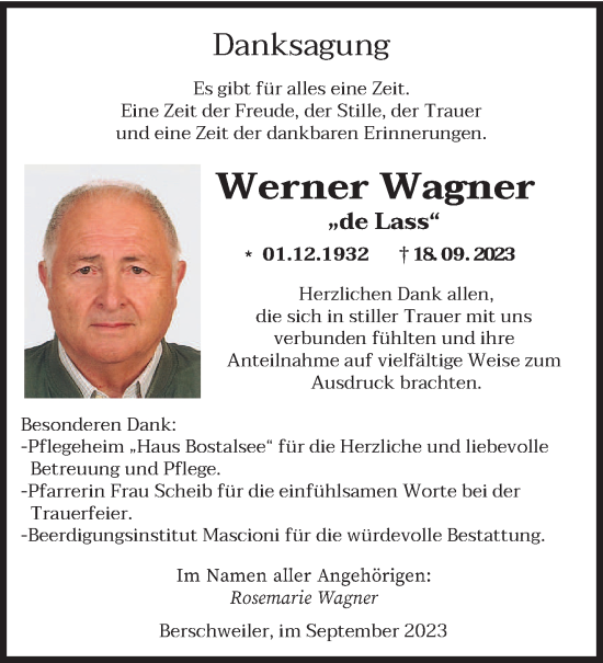 Traueranzeige von Werner Wagner von saarbruecker_zeitung