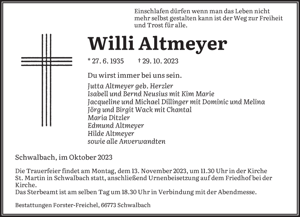  Traueranzeige für Willi Altmeyer vom 09.11.2023 aus saarbruecker_zeitung