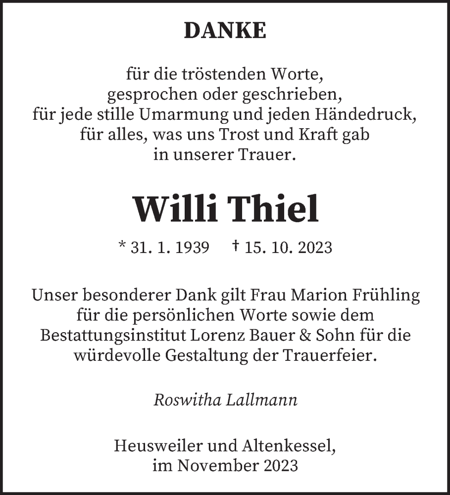  Traueranzeige für Willi Thiel vom 25.11.2023 aus saarbruecker_zeitung