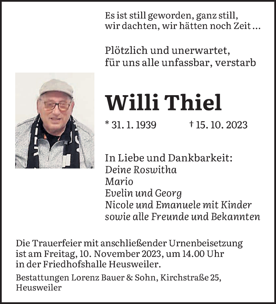  Traueranzeige für Willi Thiel vom 04.11.2023 aus saarbruecker_zeitung