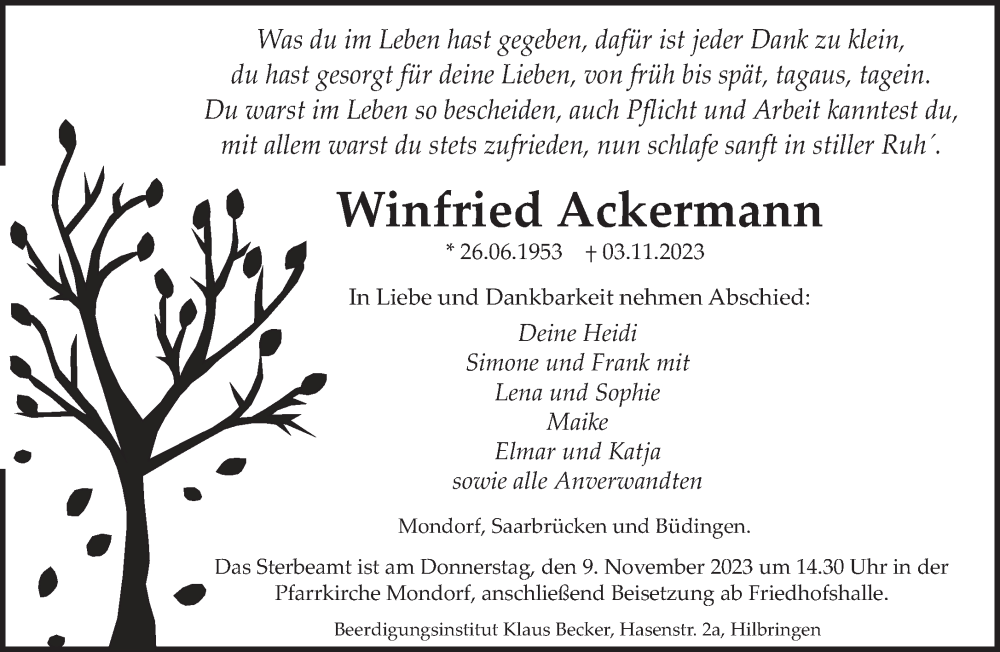  Traueranzeige für Winfried Ackermann vom 07.11.2023 aus saarbruecker_zeitung