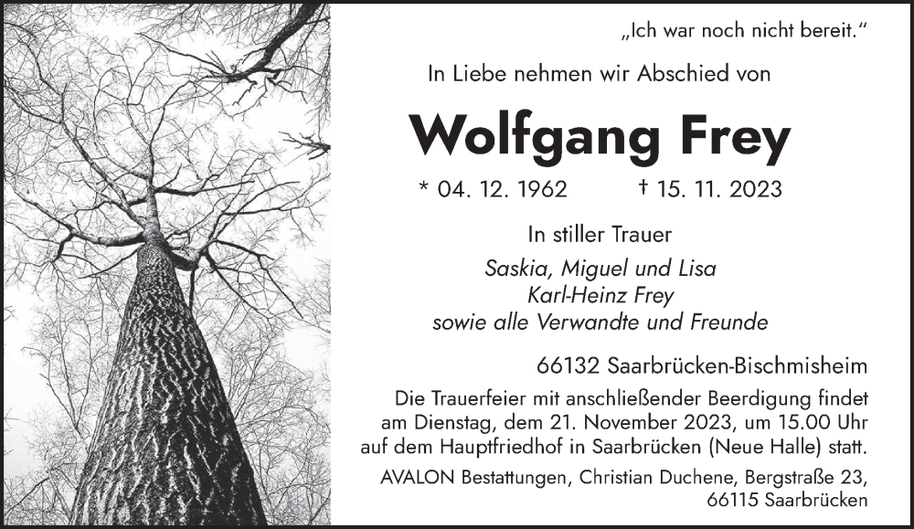  Traueranzeige für Wolfgang Frey vom 18.11.2023 aus saarbruecker_zeitung