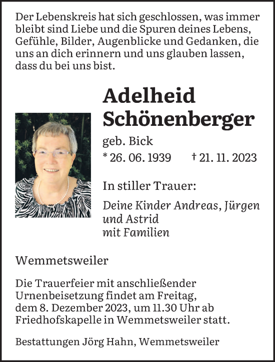 Traueranzeige von Adelheid Schönenberger von saarbruecker_zeitung
