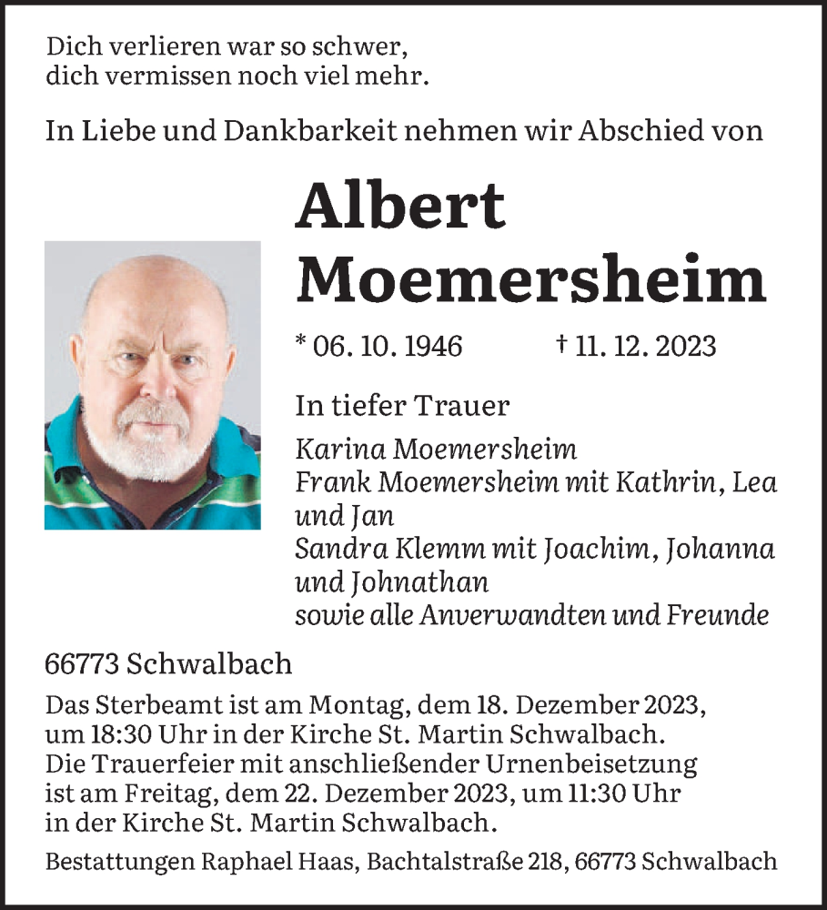  Traueranzeige für Albert Moemersheim vom 16.12.2023 aus saarbruecker_zeitung