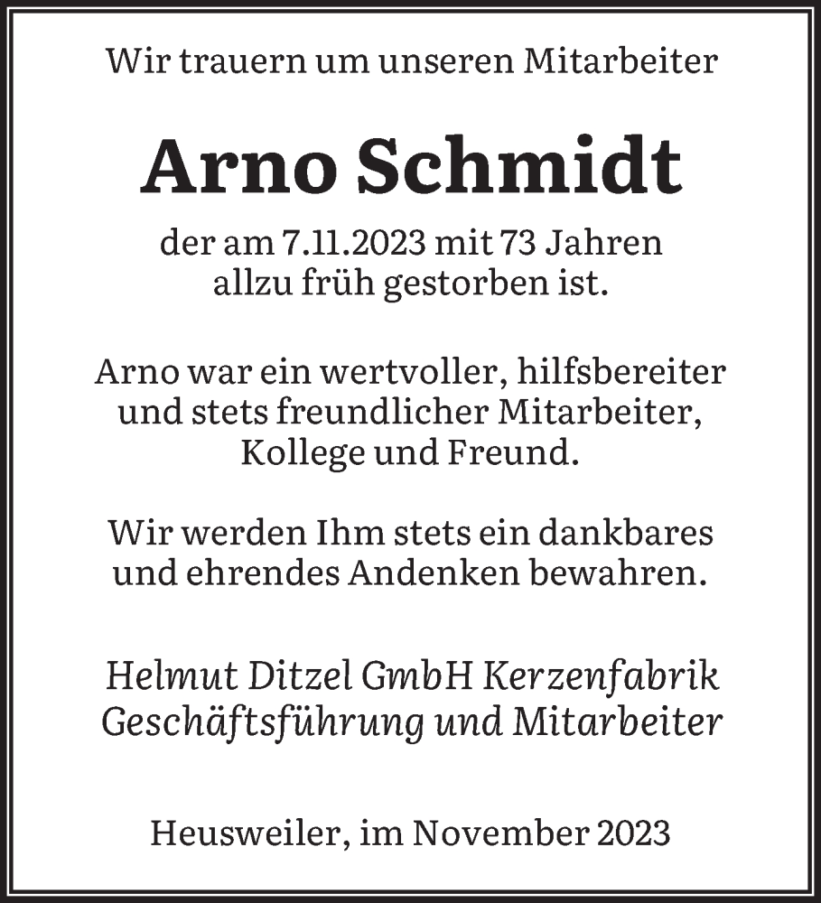  Traueranzeige für Arno Schmidt vom 09.12.2023 aus saarbruecker_zeitung