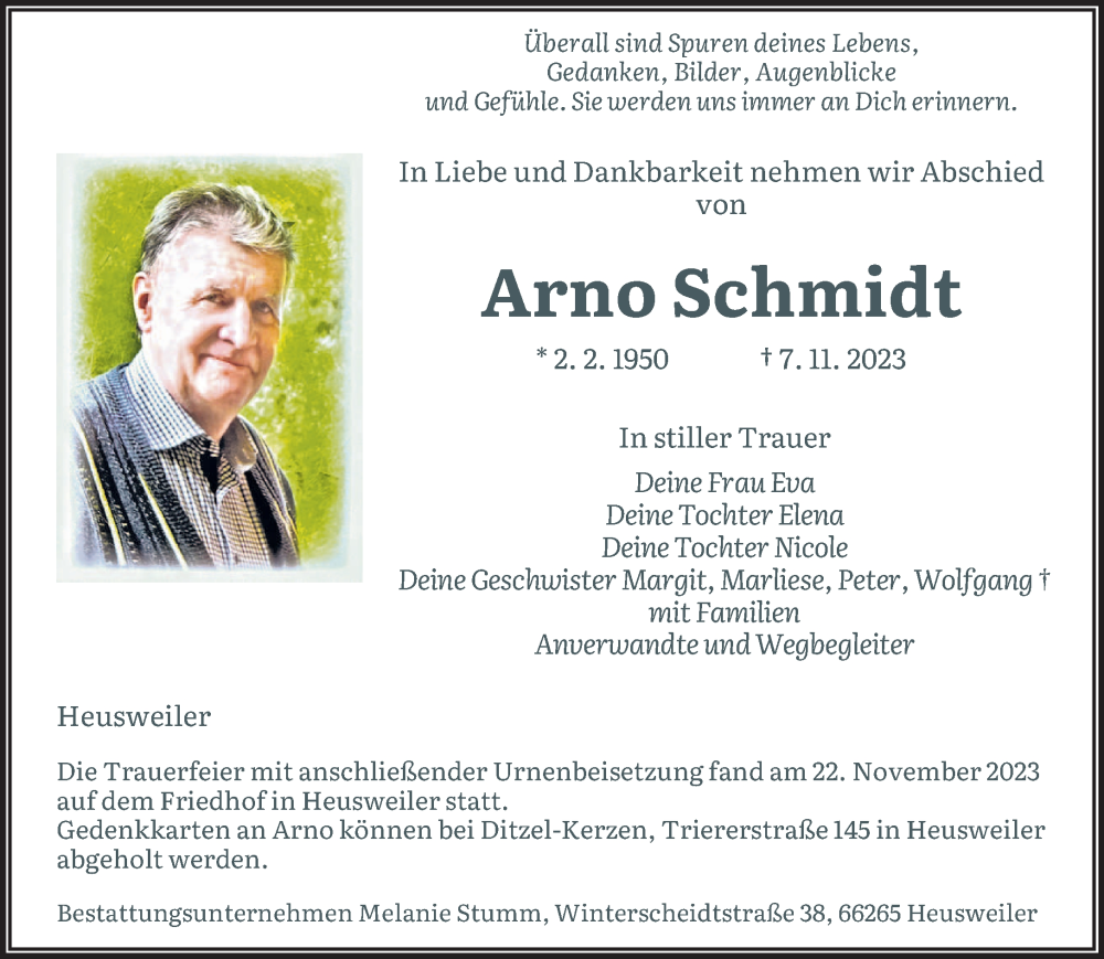  Traueranzeige für Arno Schmidt vom 09.12.2023 aus saarbruecker_zeitung