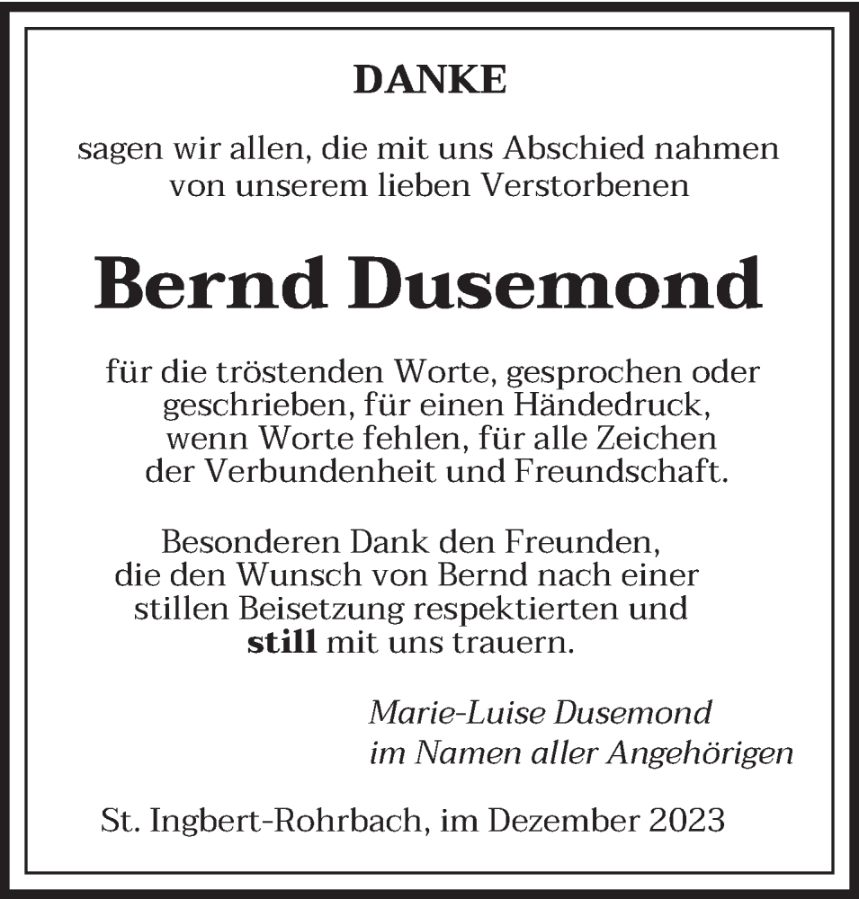  Traueranzeige für Bernd Dusemond vom 02.12.2023 aus saarbruecker_zeitung