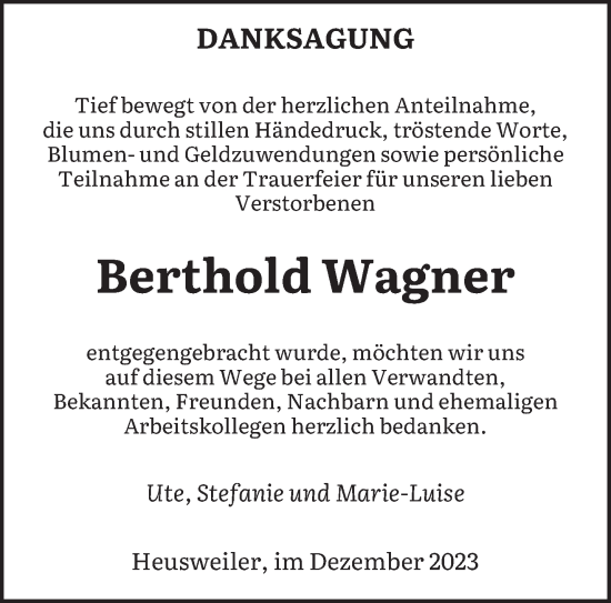 Traueranzeige von Berthold Wagner von saarbruecker_zeitung
