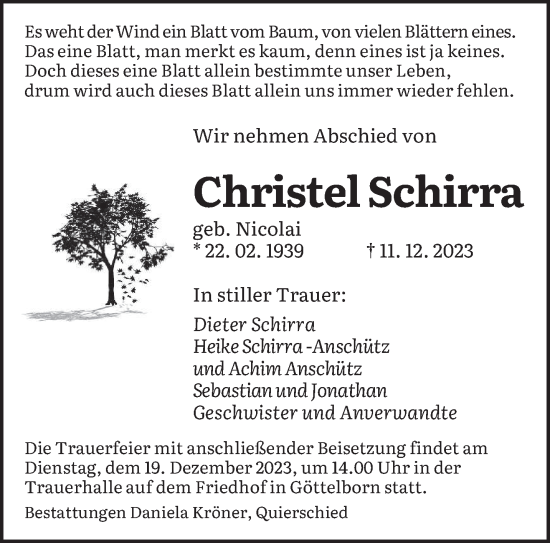 Traueranzeige von Christel Schirra von saarbruecker_zeitung