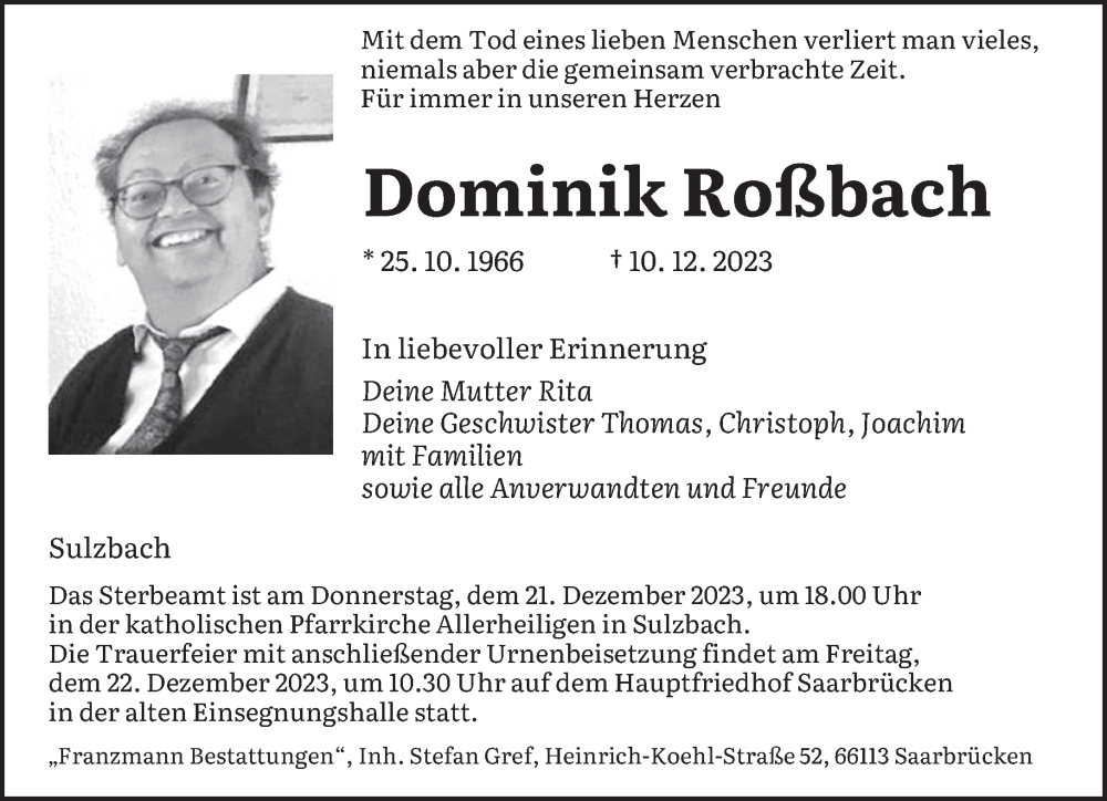  Traueranzeige für Dominik Roßbach vom 16.12.2023 aus saarbruecker_zeitung