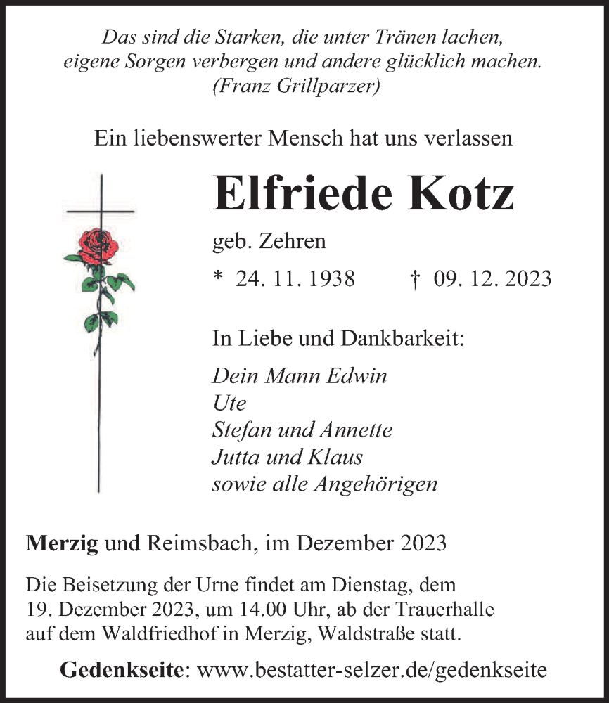  Traueranzeige für Elfriede Kotz vom 16.12.2023 aus saarbruecker_zeitung