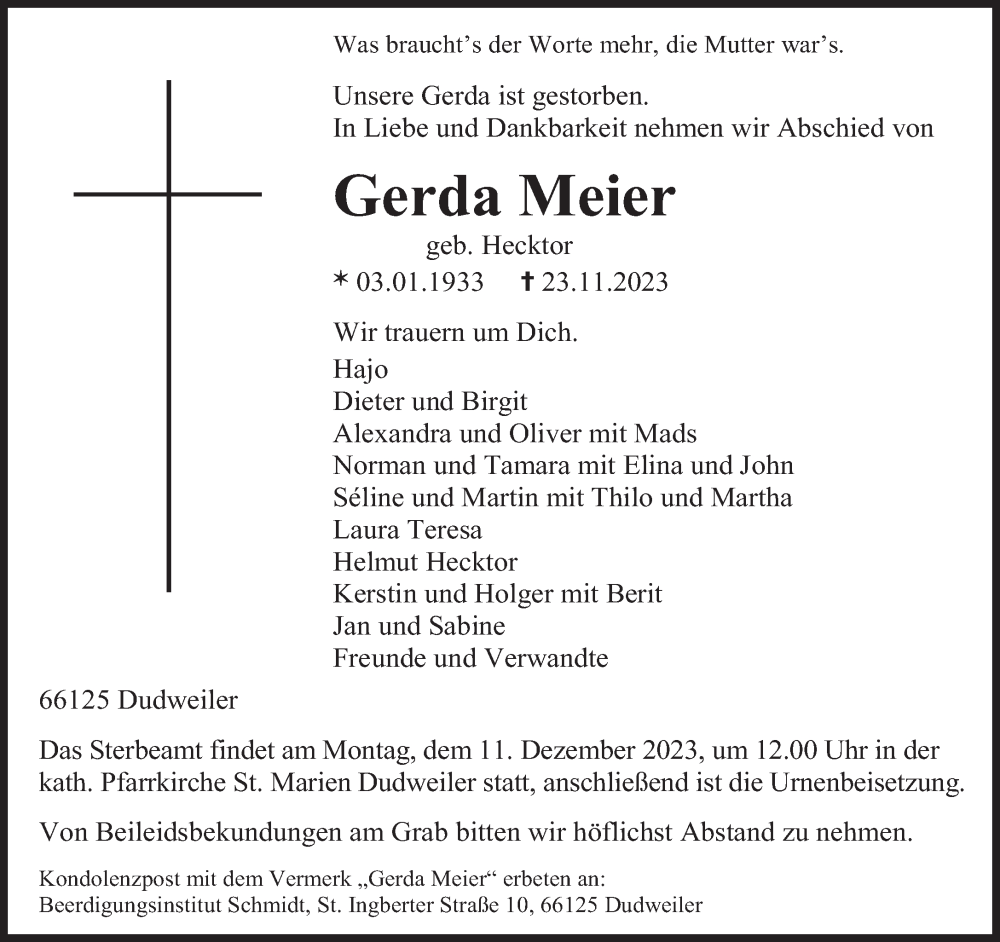  Traueranzeige für Gerda Meier vom 02.12.2023 aus saarbruecker_zeitung