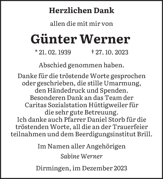 Traueranzeige von Günter Werner von saarbruecker_zeitung