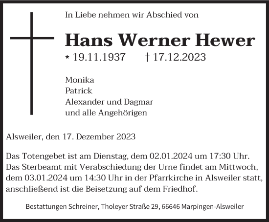 Traueranzeige von Hans Werner Hewer von saarbruecker_zeitung