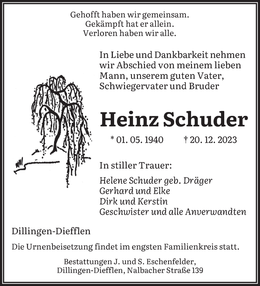  Traueranzeige für Heinz Schuder vom 30.12.2023 aus saarbruecker_zeitung