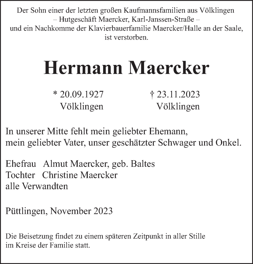  Traueranzeige für Hermann Maercker vom 02.12.2023 aus saarbruecker_zeitung