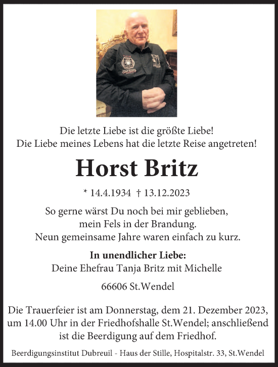 Traueranzeigen Von Horst Britz | Saarbruecker-Zeitung.Trauer.de