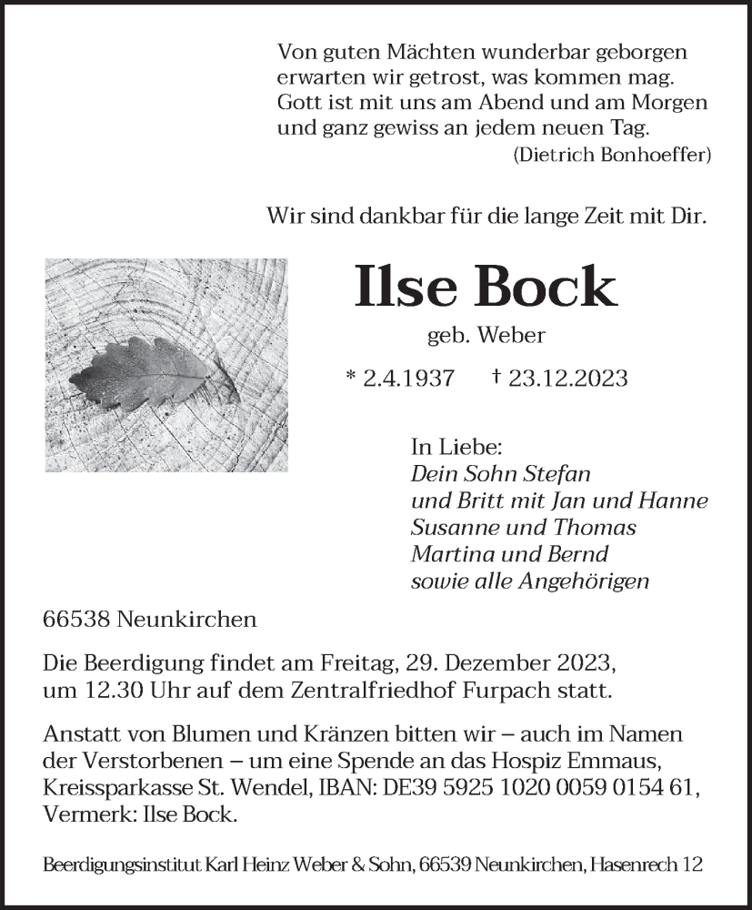 Traueranzeige für Ilse Bock vom 27.12.2023 aus saarbruecker_zeitung