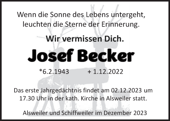 Traueranzeige von Josef Becker von saarbruecker_zeitung